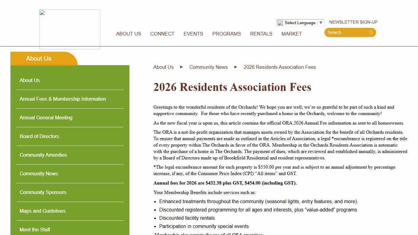 2026 Residents Association Fees – The Orchards